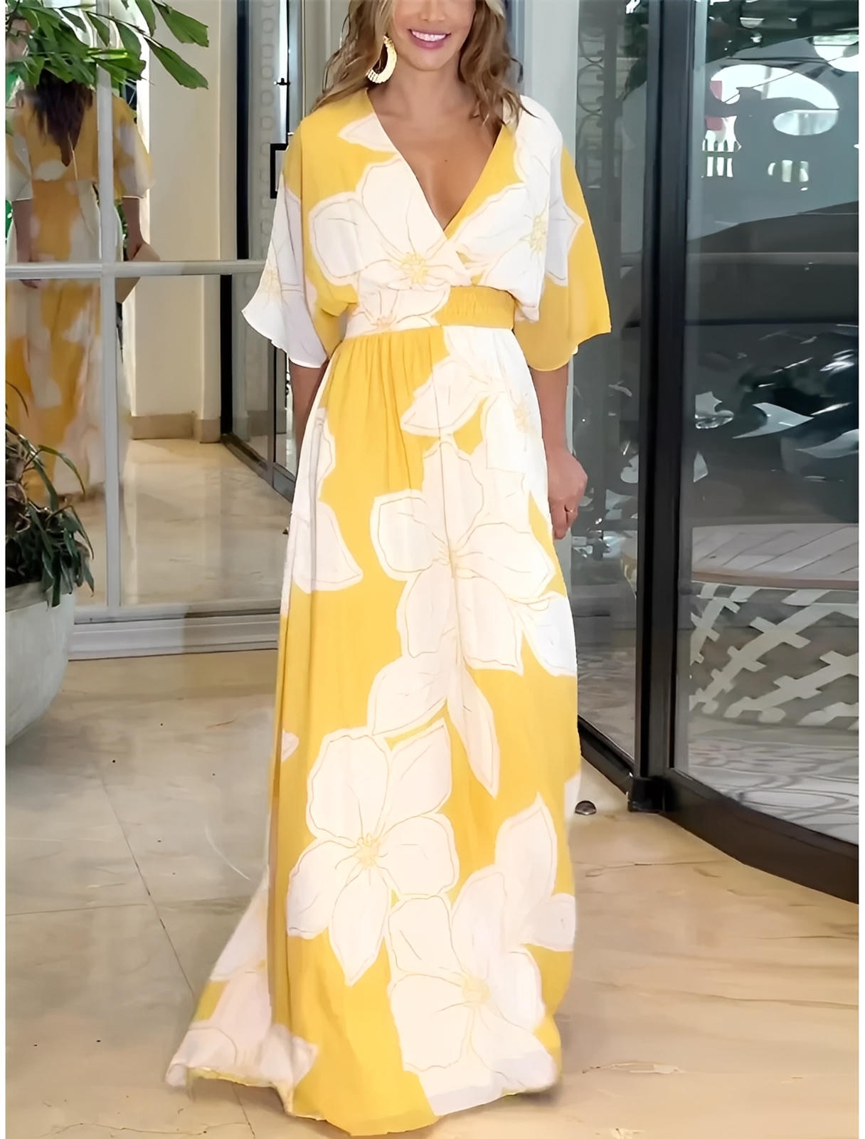 Floral Print V-Neck Batwing Sleeve Maxi Dress with Backless Detail