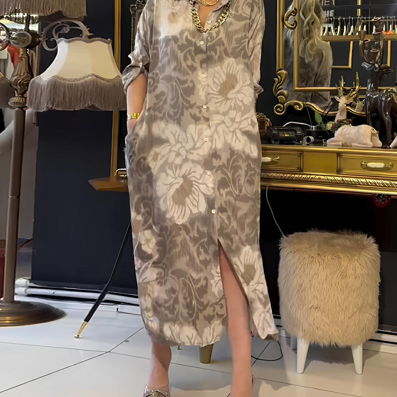 Vintage Print Dress with Lapel Button