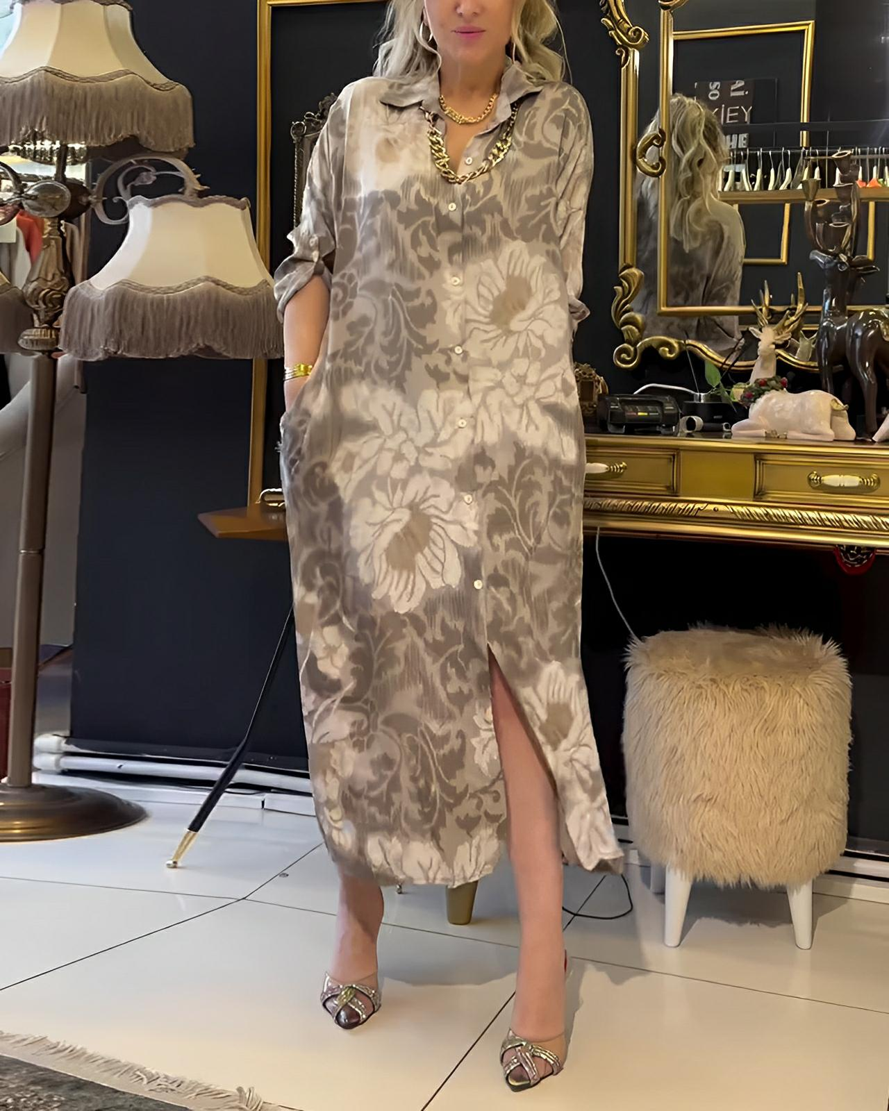 Vintage Print Dress with Lapel Button