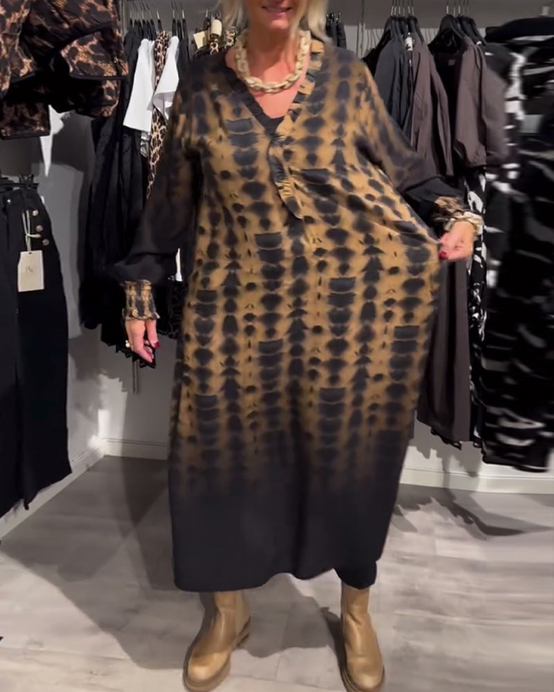 Long-Sleeve V-Neck Dress With Dai Print