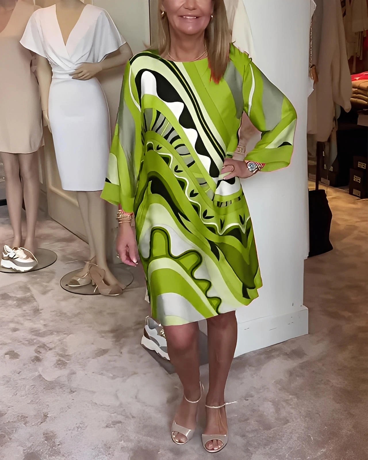 Printed Round Neck Midi Dress with Relaxed Fit