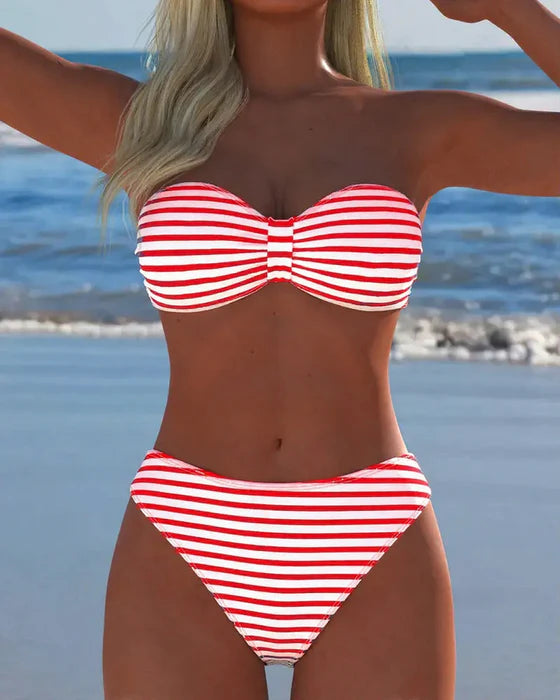 High-Waisted Striped Triangle Bikini Set – Retro-Inspired Two-Piece