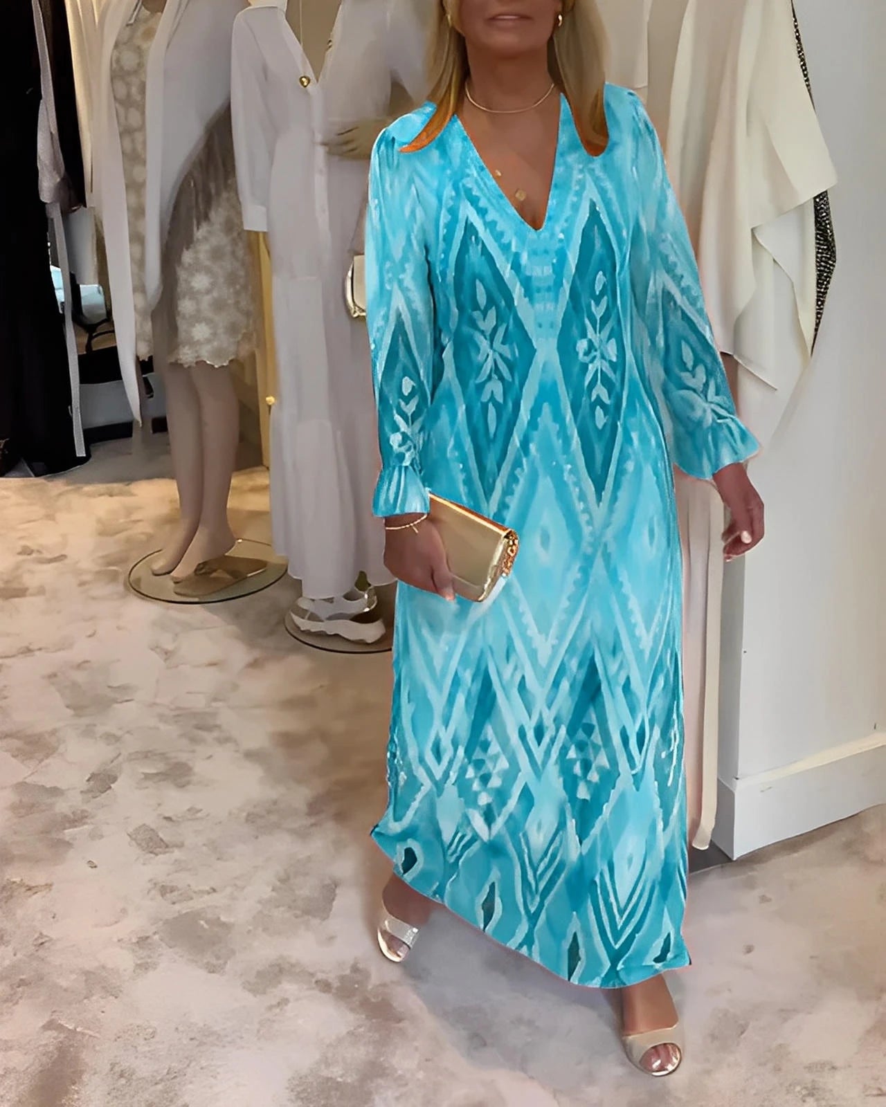 Deep V-Neck Long Sleeve Dress with Retro Geometric Print