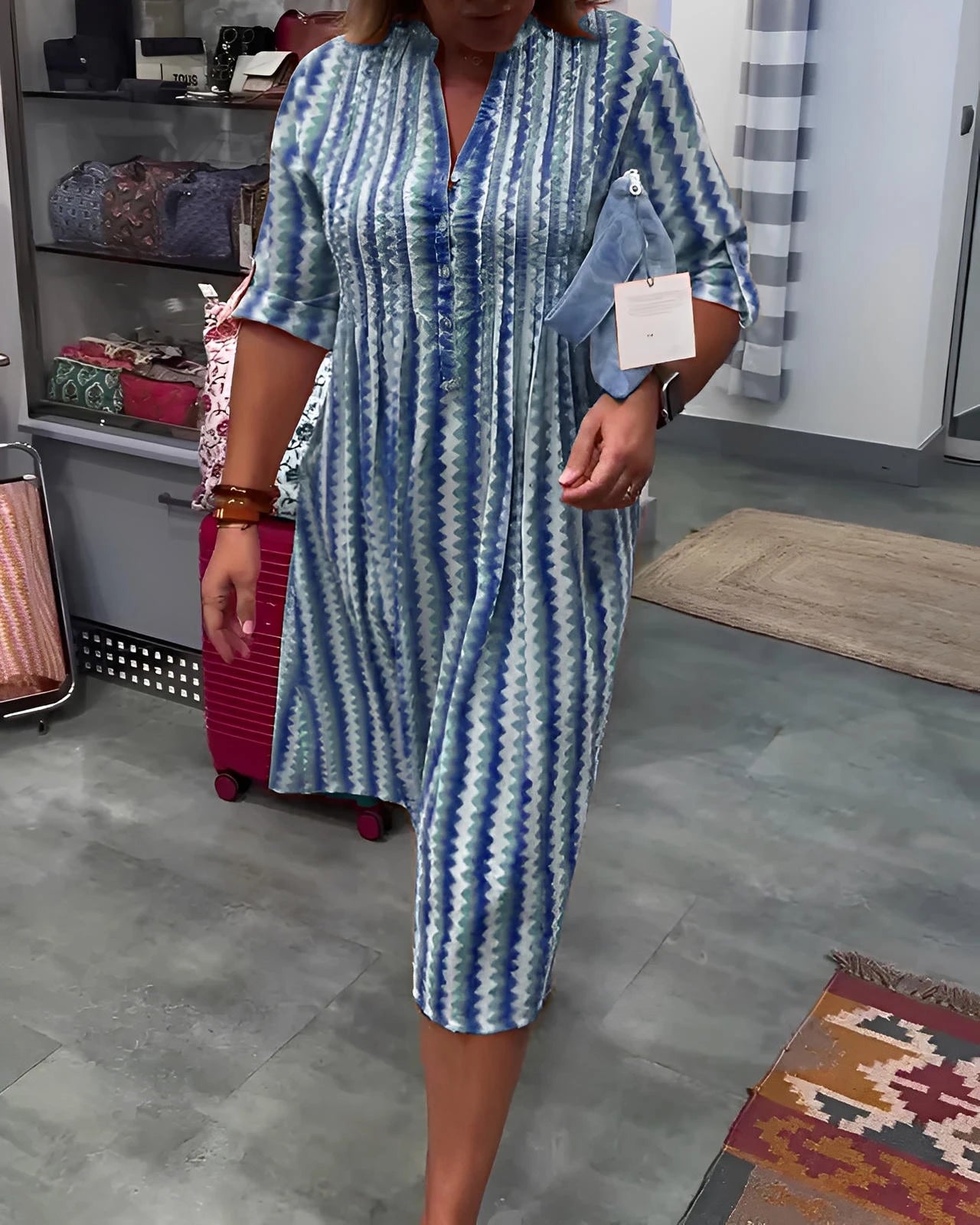 Wave Pattern Knit Dress with Long Sleeves and Side Split