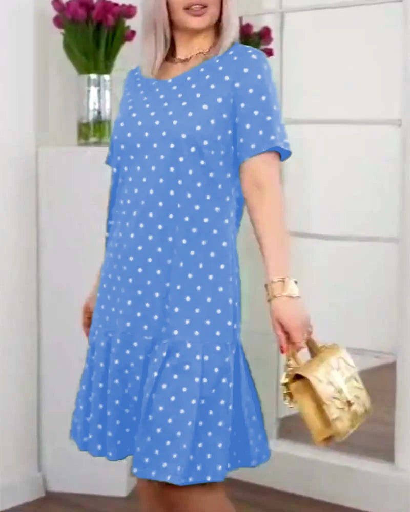 Casual Polka Dot Printed Dress with Short Sleeves & Relaxed Fit