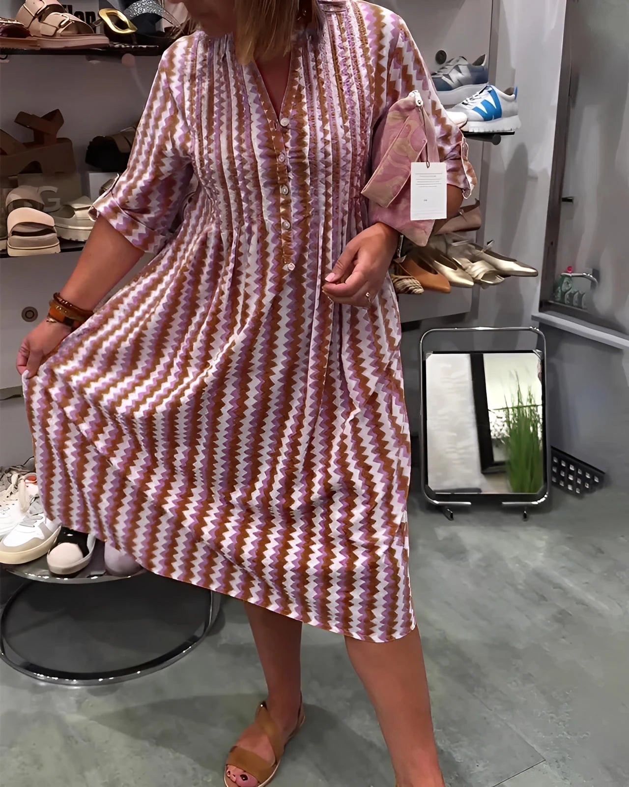 Wave Pattern Knit Dress with Long Sleeves and Side Split