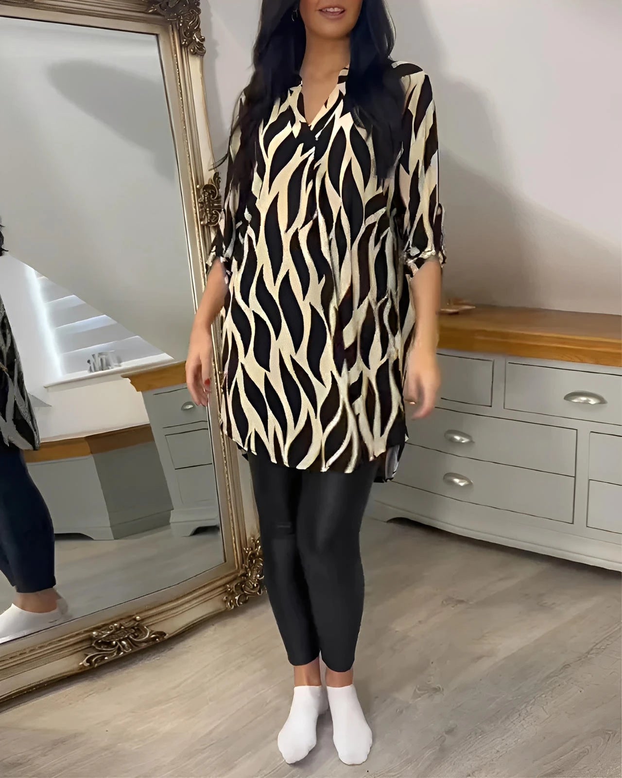 Relaxed Fit Women’s Blouse with V-Neck & Short Sleeves