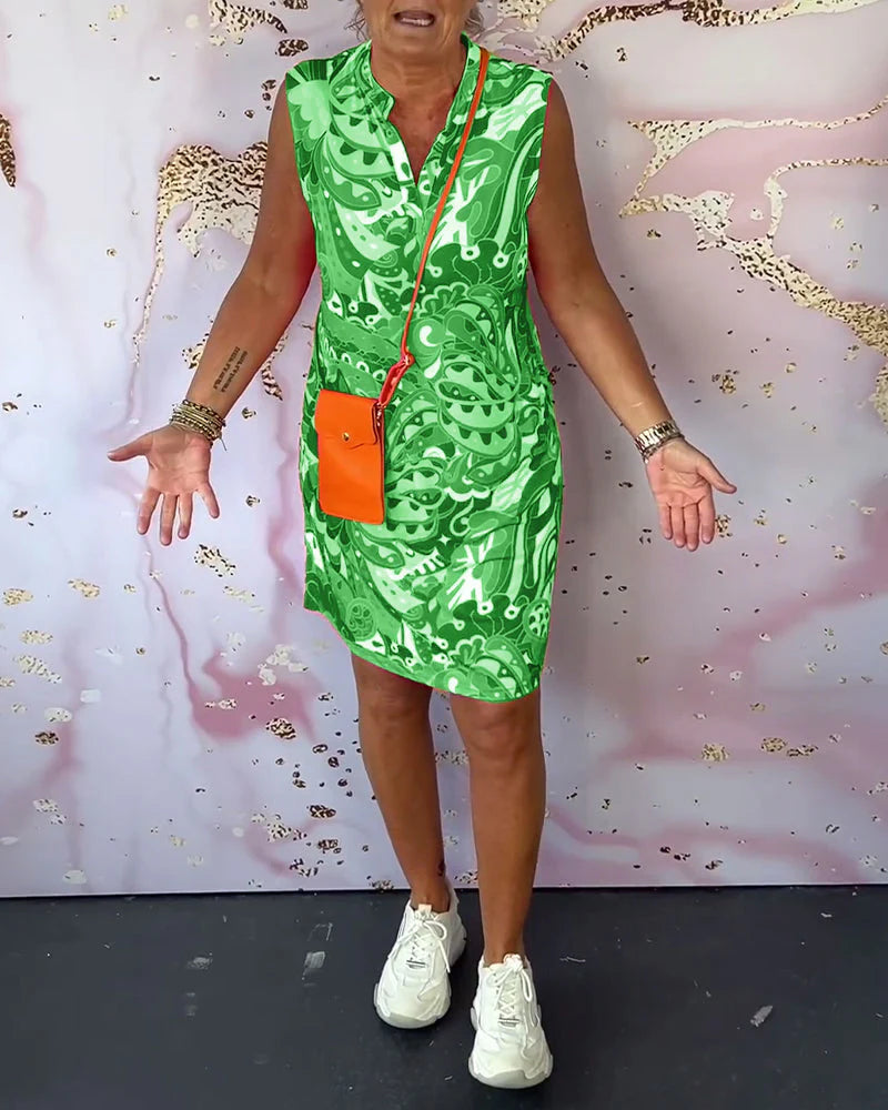 Elegant Sleeveless V-Neck Printed Midi Dress with Defined Waist