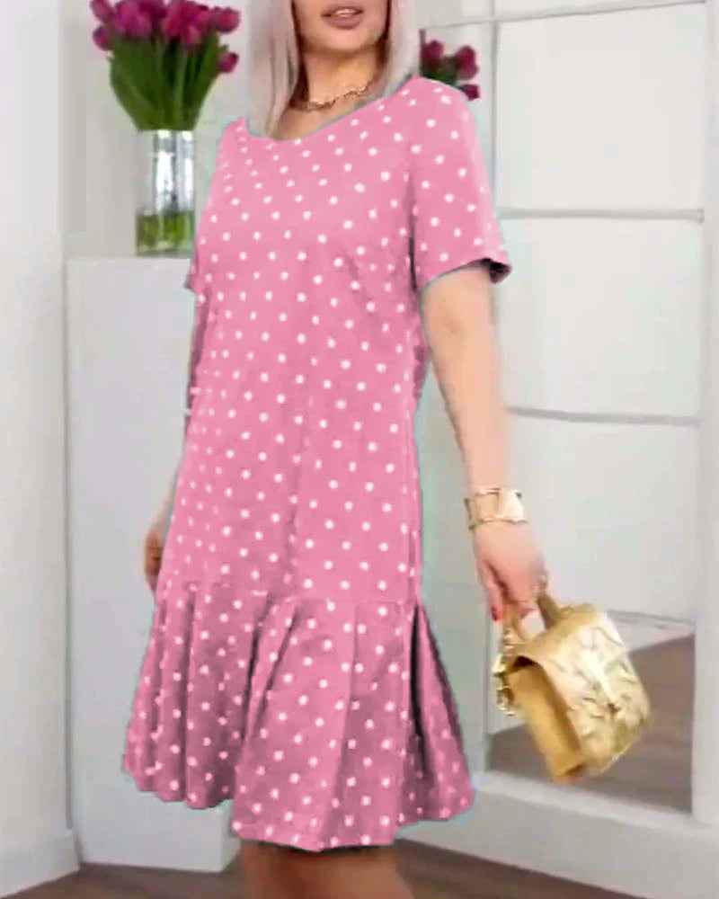 Casual Polka Dot Printed Dress with Short Sleeves & Relaxed Fit