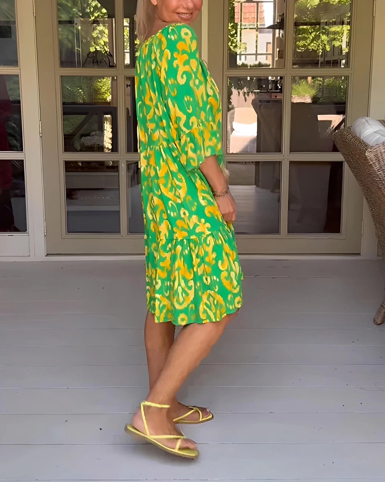 Printed Dress with Bell Sleeves & Relaxed Fit Silhouette