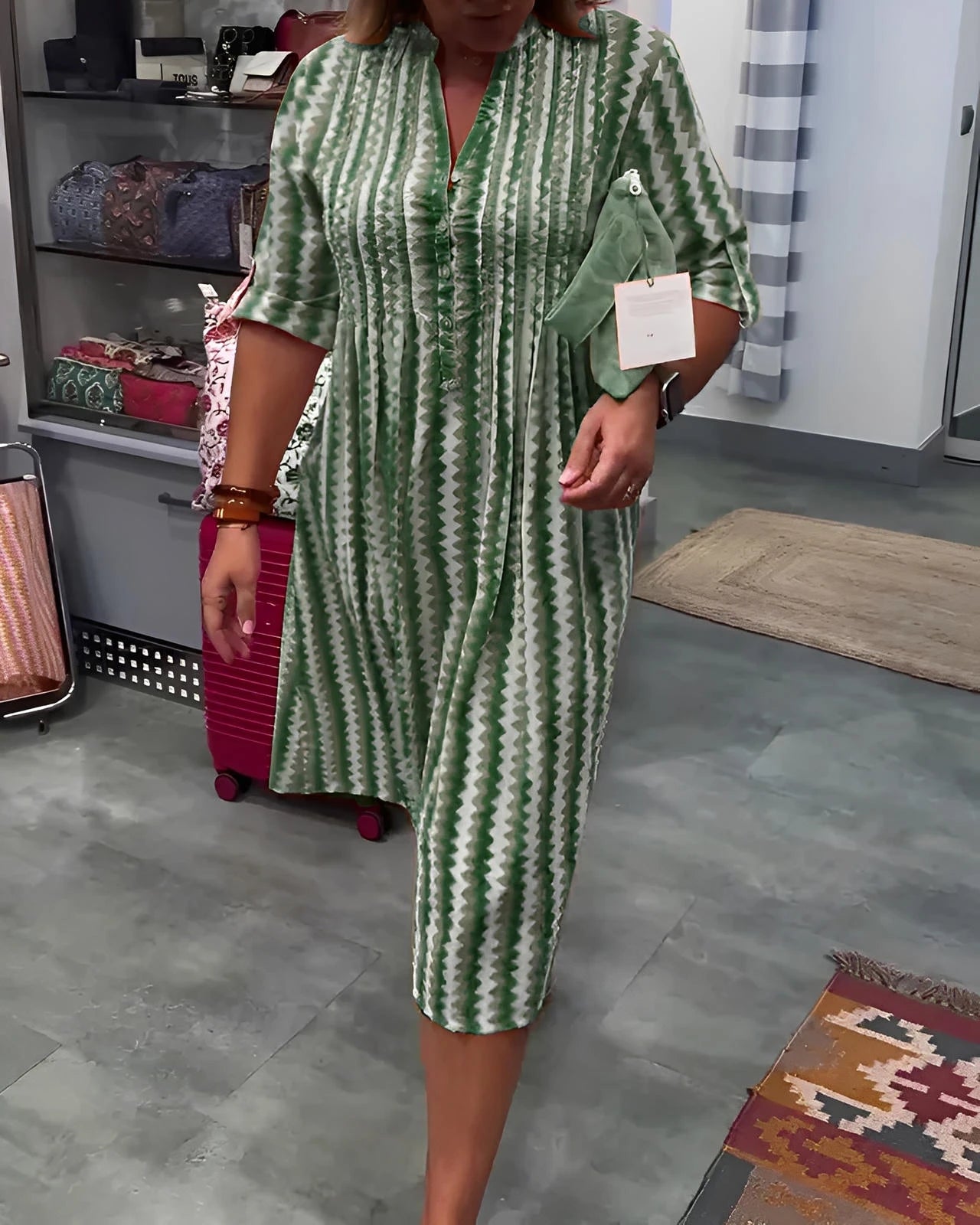 Wave Pattern Knit Dress with Long Sleeves and Side Split