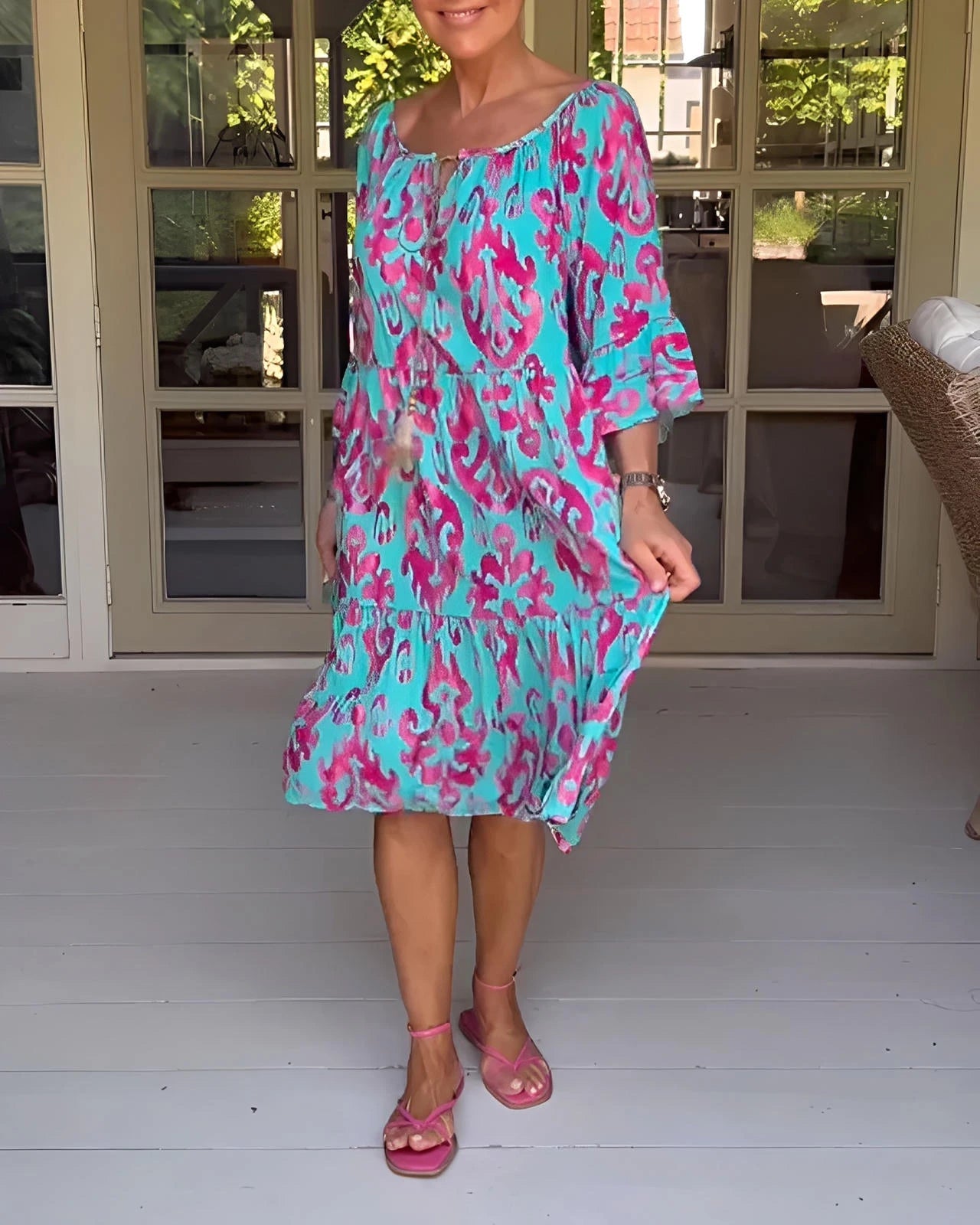 Printed Dress with Bell Sleeves & Relaxed Fit Silhouette