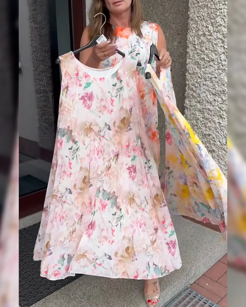 Sleeveless Pleated Floral Print Midi Dress with Defined Waist