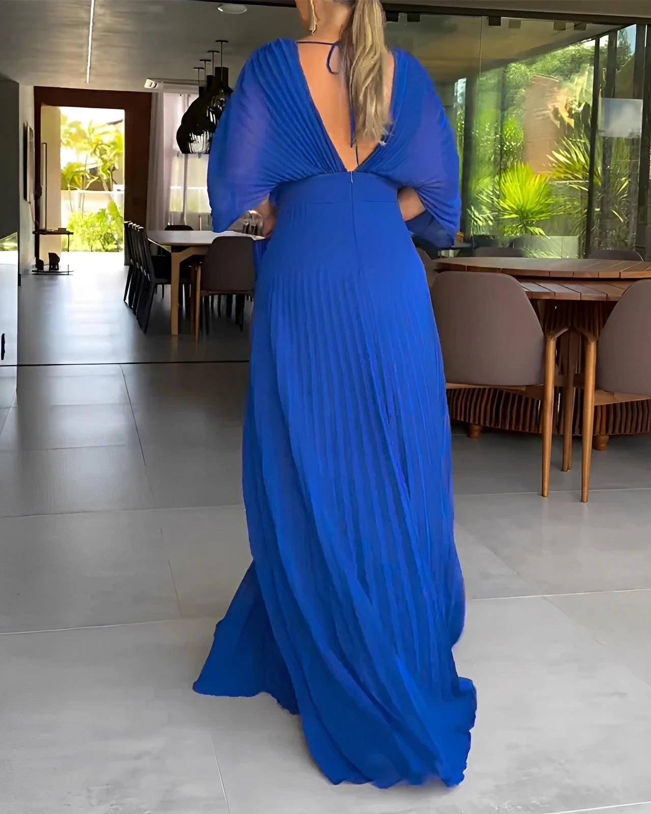 Pleated Midi Dress with Fitted Waist & Short Sleeves