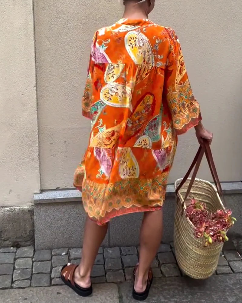 Bohemian Print Dress with Relaxed Fit & Long Sleeves