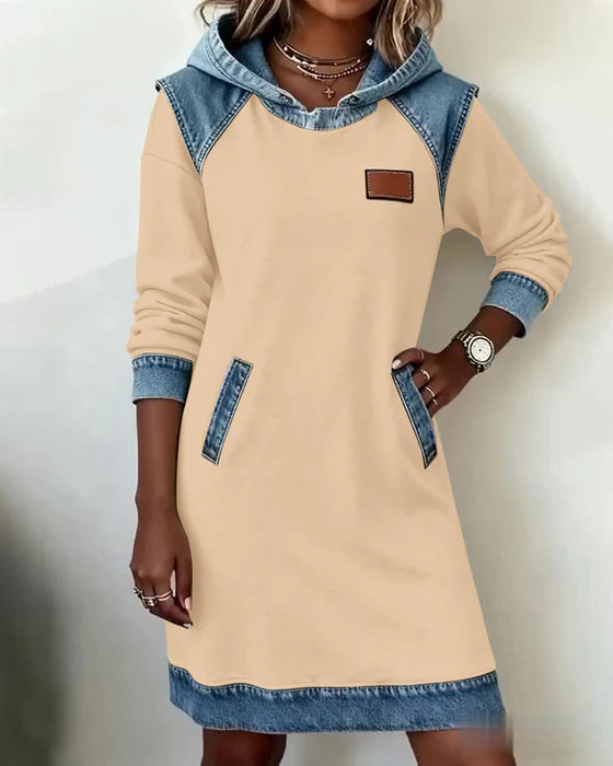 Hooded Dress with Contrast Panels & Relaxed Fit