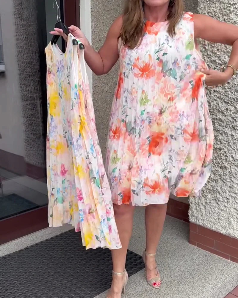 Sleeveless Pleated Floral Print Midi Dress with Defined Waist