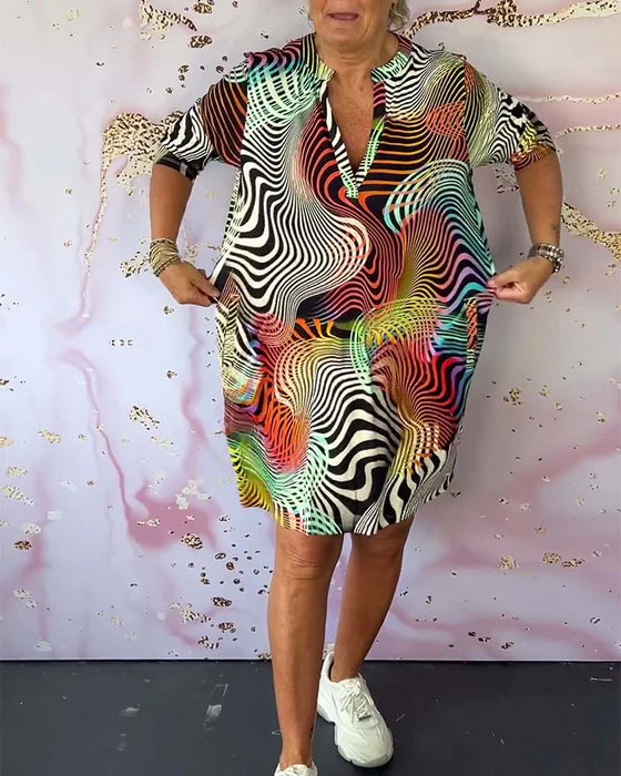 Colourful Printed Dress with V-Neckline Half Sleeves & Pockets