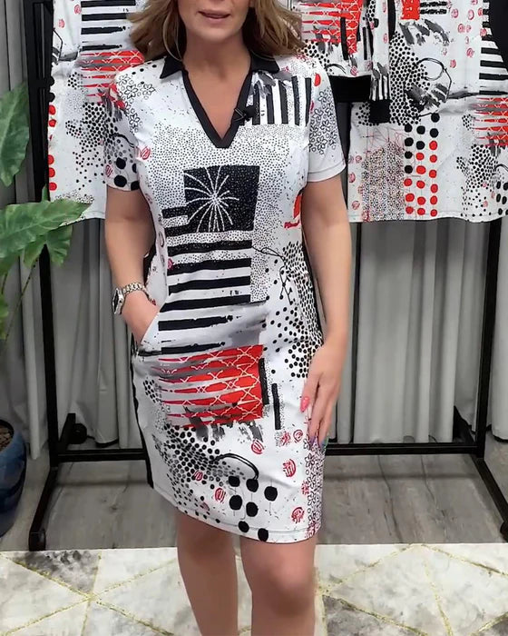 V-Neck Commuter Style Dress with Short Sleeves & Relaxed Fit