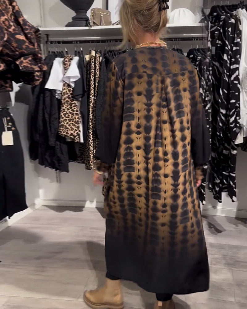 Long-Sleeve V-Neck Dress With Dai Print