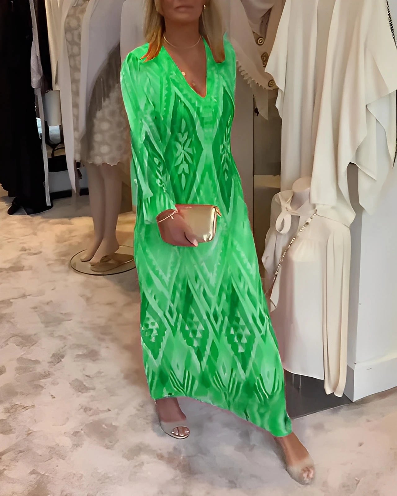 Deep V-Neck Long Sleeve Dress with Retro Geometric Print