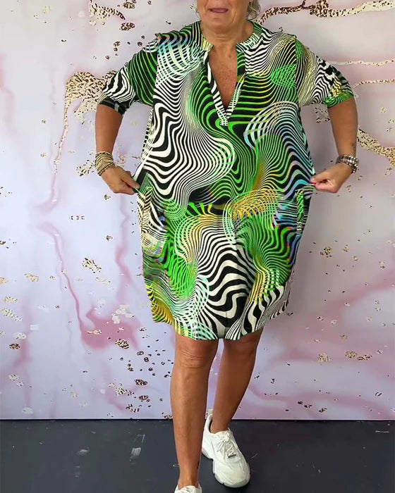 Colourful Printed Dress with V-Neckline Half Sleeves & Pockets