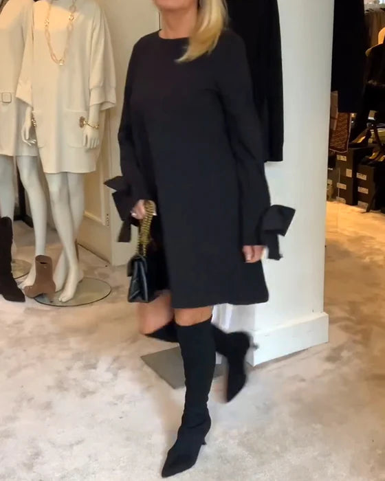 Fashion Round Neck Dress with Bow Sleeve Detail & Relaxed Fit