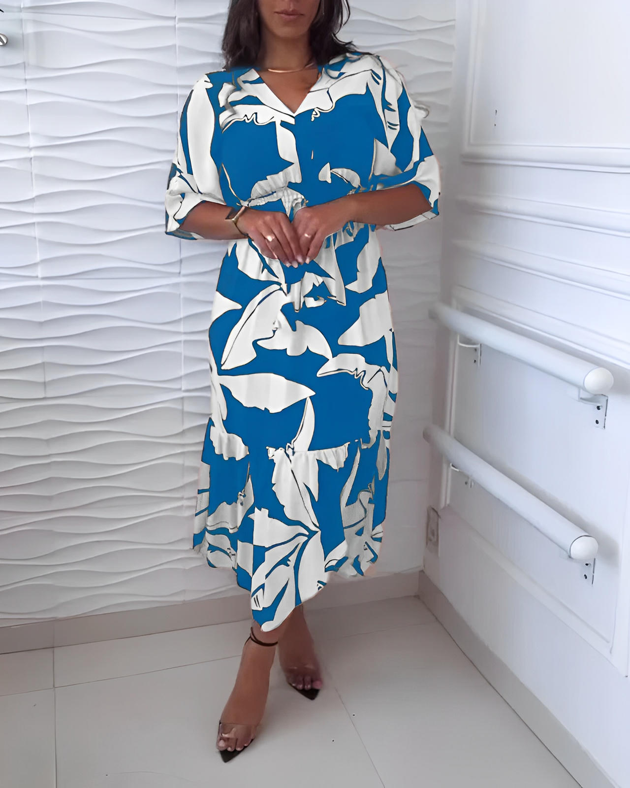 Elegant V-Neck Dress with 3/4 Sleeves and Tie Detail