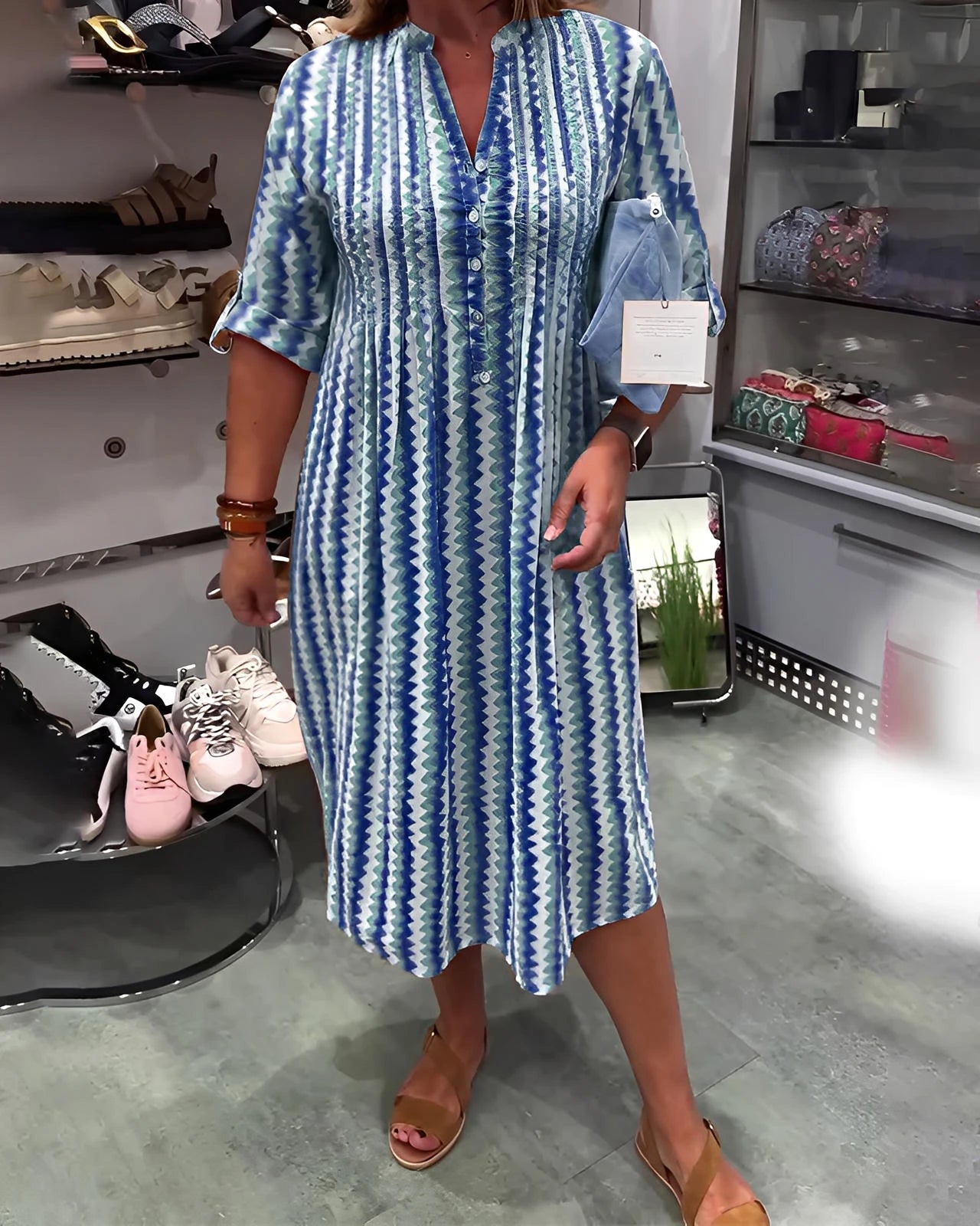 Wave Pattern Knit Dress with Long Sleeves and Side Split