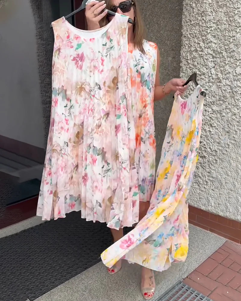 Sleeveless Pleated Floral Print Midi Dress with Defined Waist
