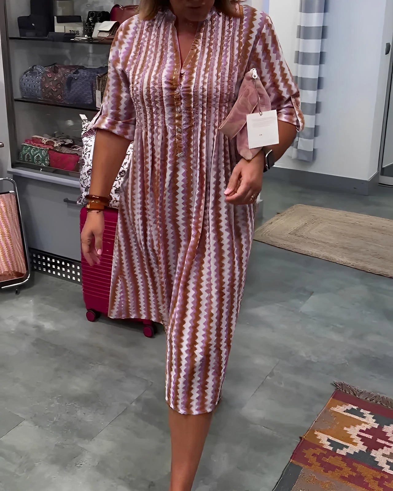 Wave Pattern Knit Dress with Long Sleeves and Side Split