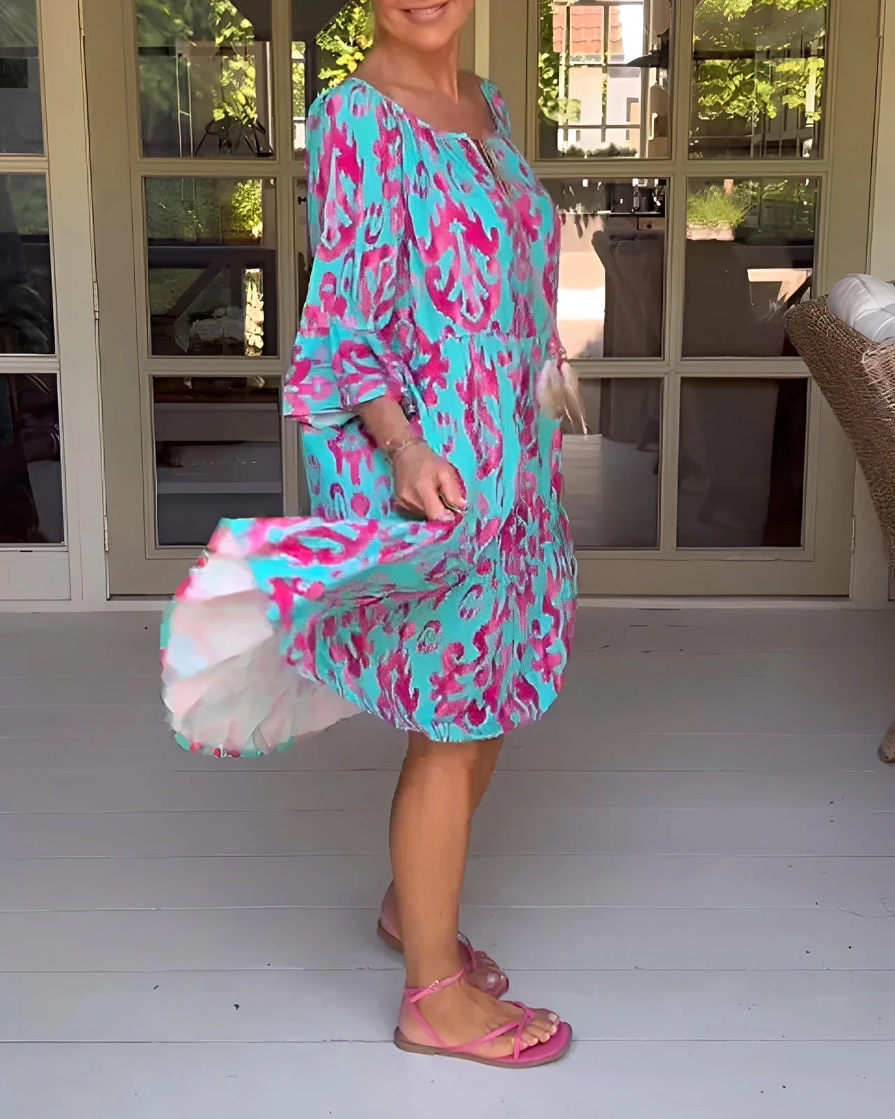 Printed Dress with Bell Sleeves & Relaxed Fit Silhouette