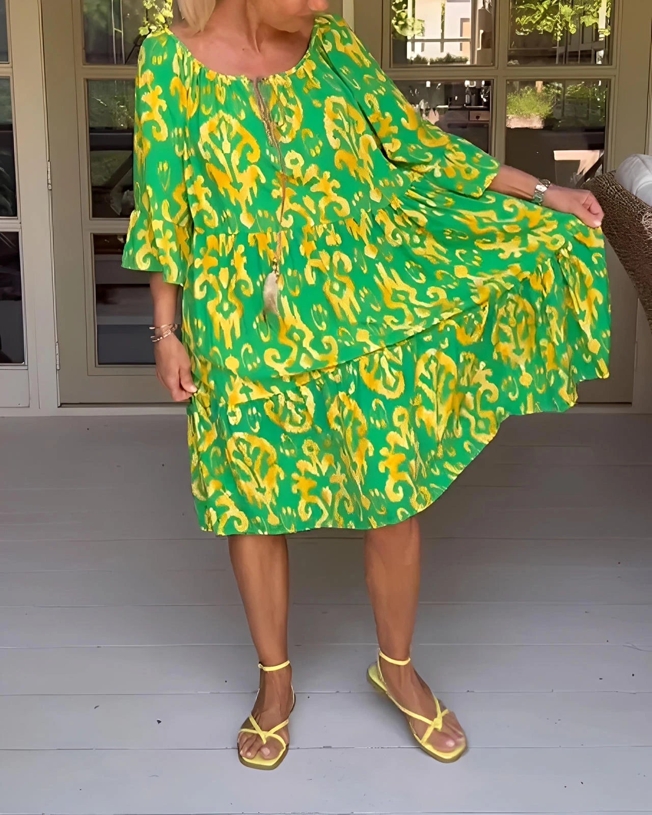 Printed Dress with Bell Sleeves & Relaxed Fit Silhouette