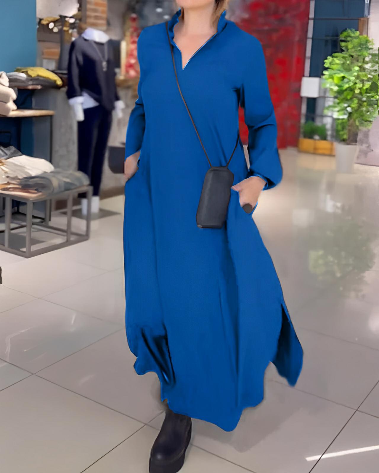 Loose Fit Maxi Dress with Slit – Casual Long Sleeve