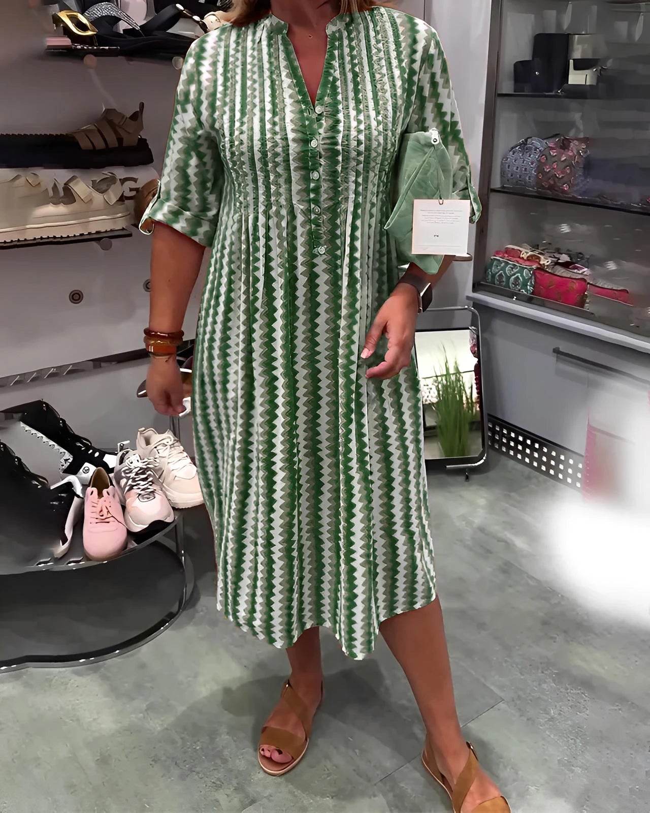 Wave Pattern Knit Dress with Long Sleeves and Side Split