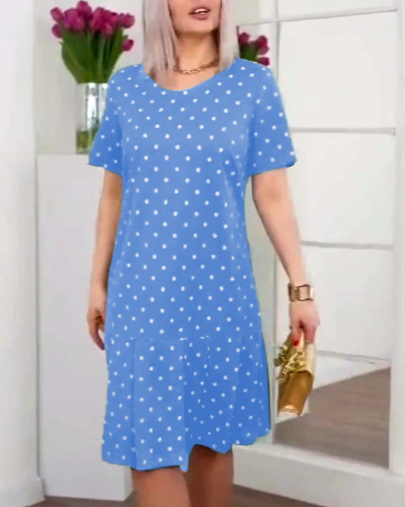 Casual Polka Dot Printed Dress with Short Sleeves & Relaxed Fit