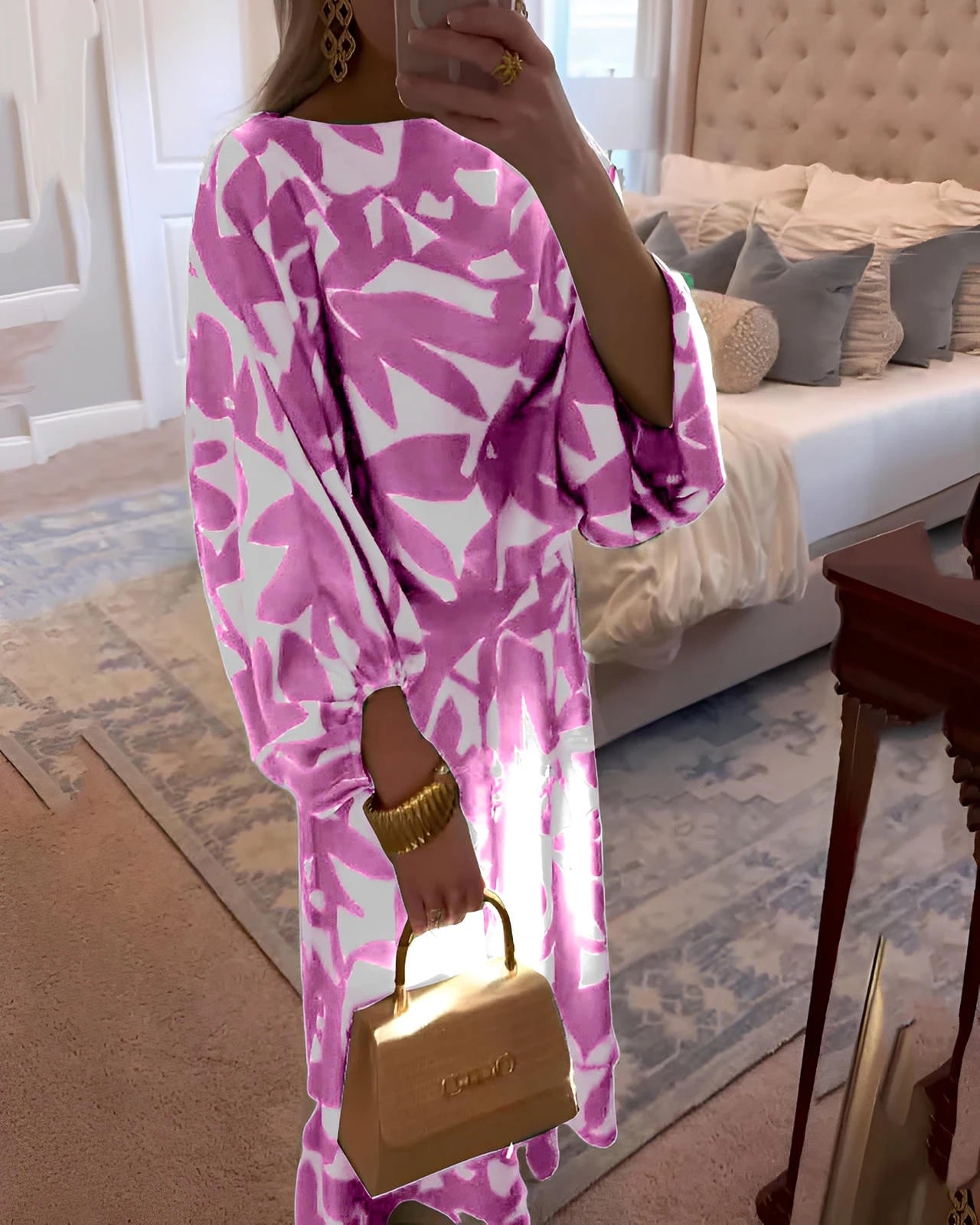 Printed Two-Piece Set Dress with Relaxed Fit & Lantern Sleeves