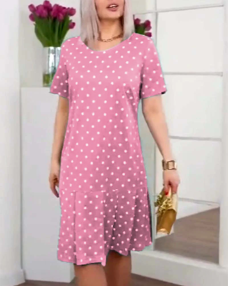 Casual Polka Dot Printed Dress with Short Sleeves & Relaxed Fit