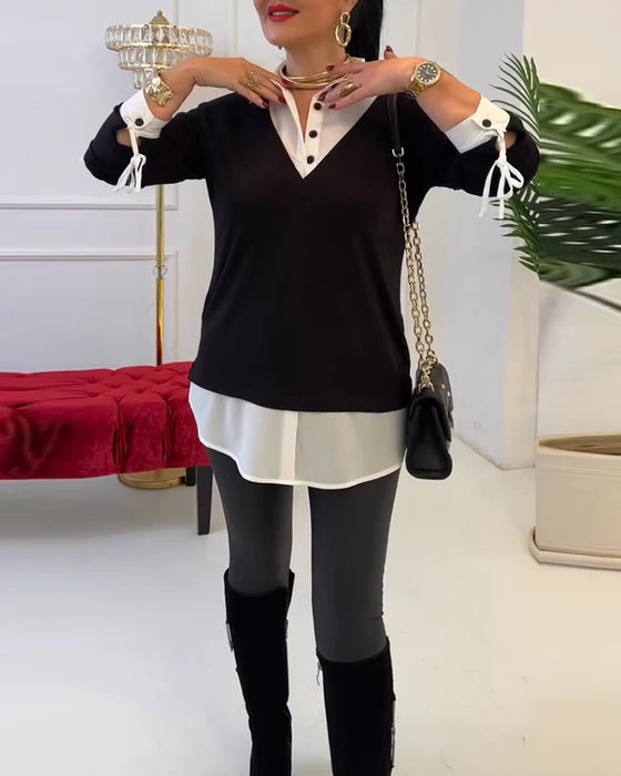 Black & White Patchwork Top with Contrast Collar