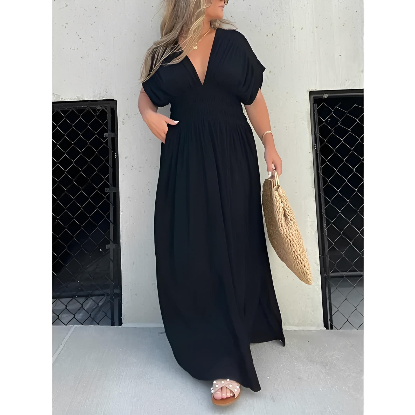 Bat Sleeve V-Neck Maxi Dress with Side Slit and Elastic Waist