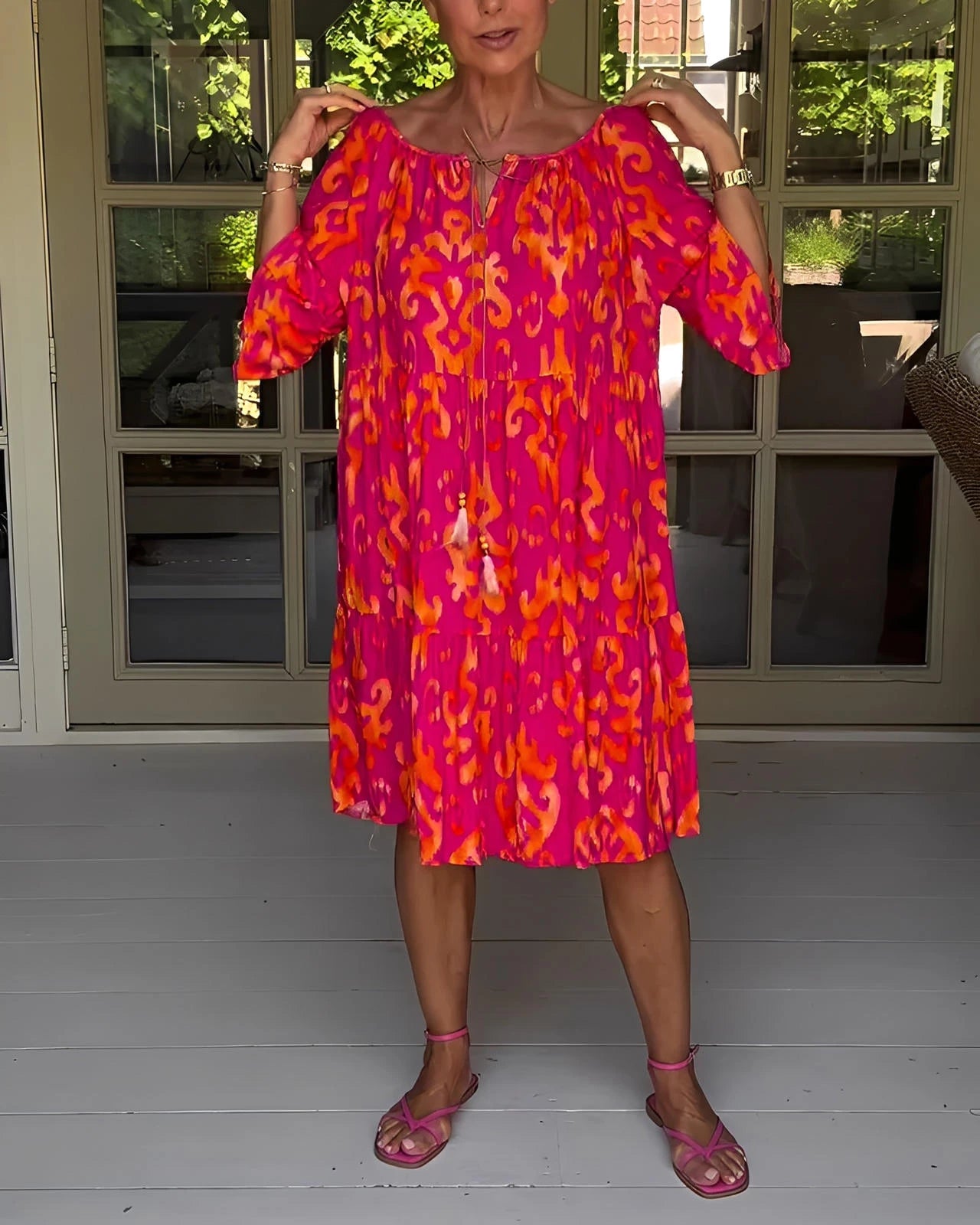 Printed Dress with Bell Sleeves & Relaxed Fit Silhouette