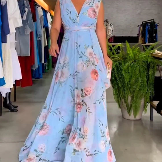 Elegant Sleeveless V-Neck Floral Print Midi Dress