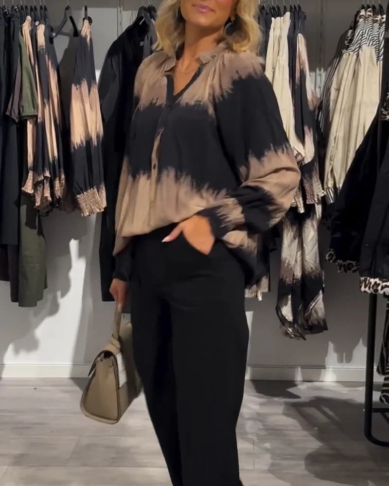 Vintage Colour block Blouse with V-Neckline & Relaxed Fit