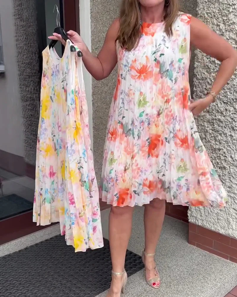 Sleeveless Pleated Floral Print Midi Dress with Defined Waist