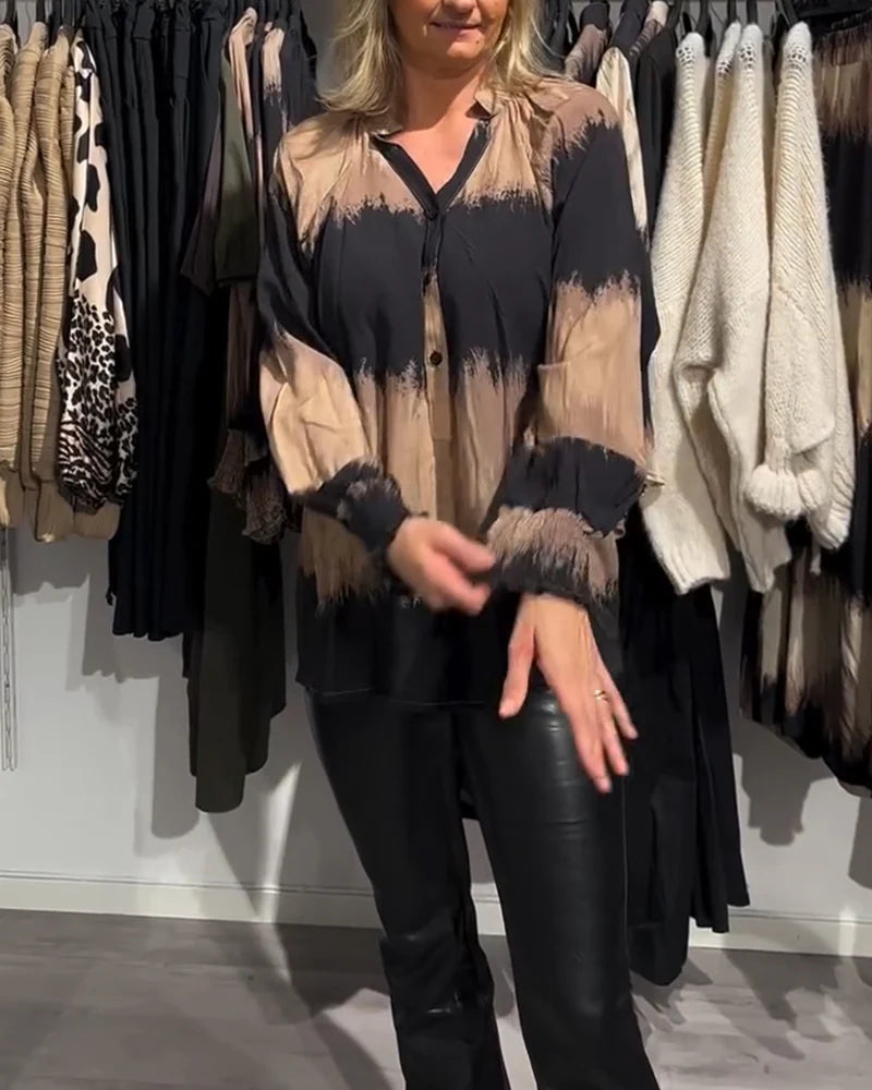 Vintage Colour block Blouse with V-Neckline & Relaxed Fit