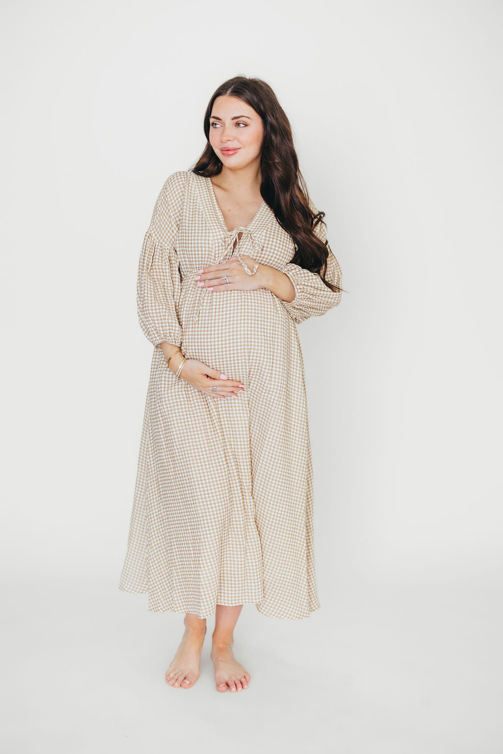 Hunter Printed Gauze Midi Dress in Natural Plaid