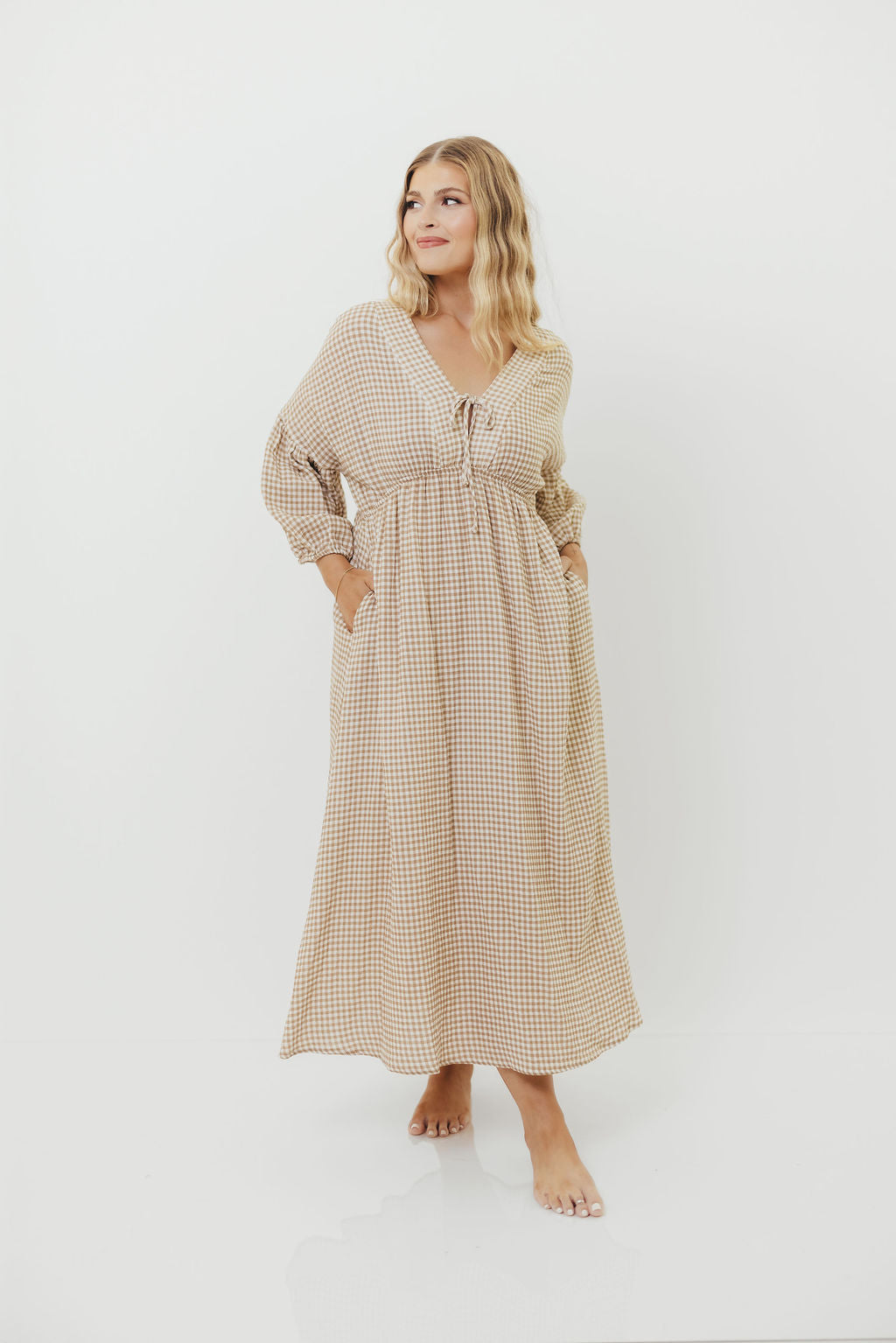 Hunter Printed Gauze Midi Dress in Natural Plaid