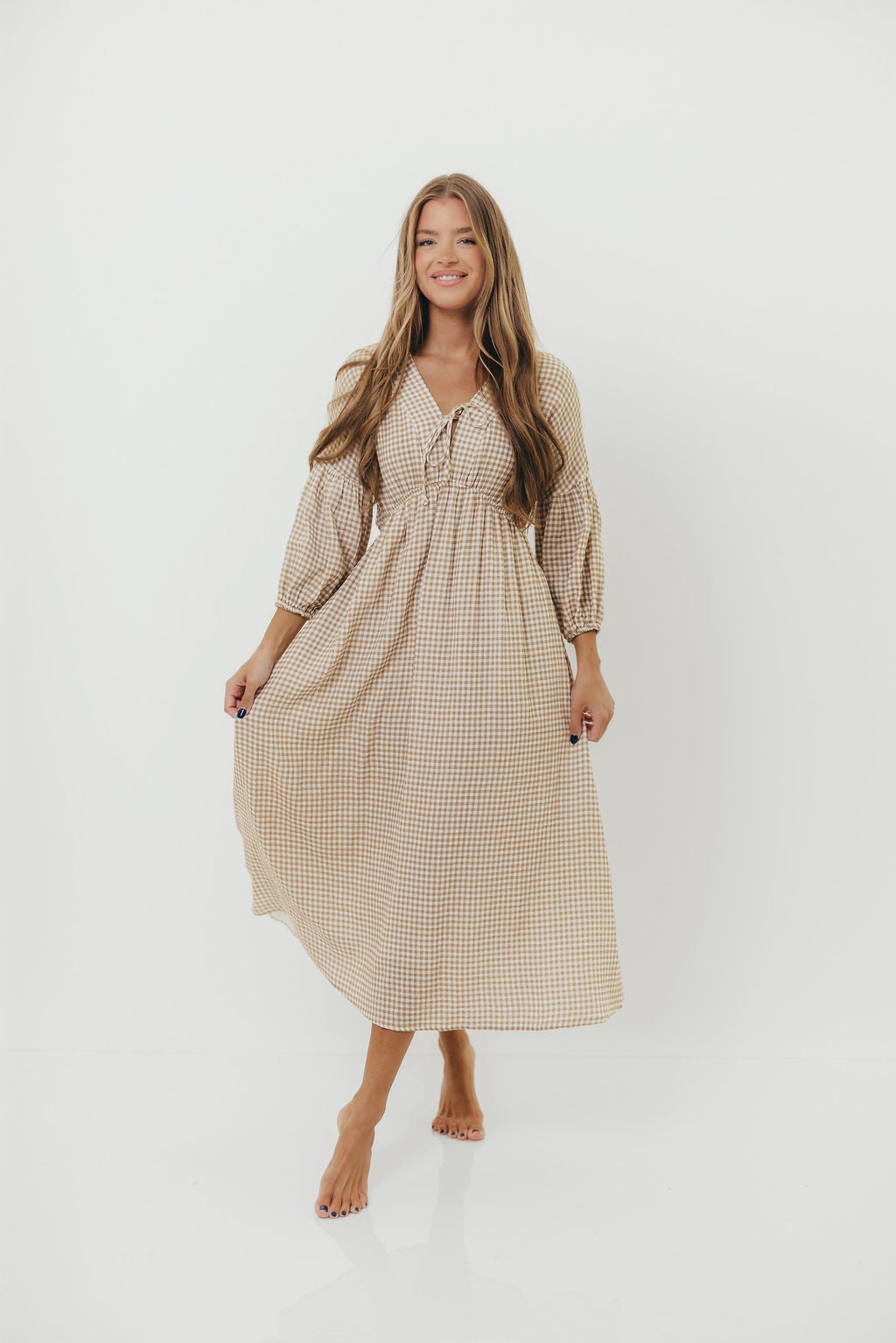 Hunter Printed Gauze Midi Dress in Natural Plaid