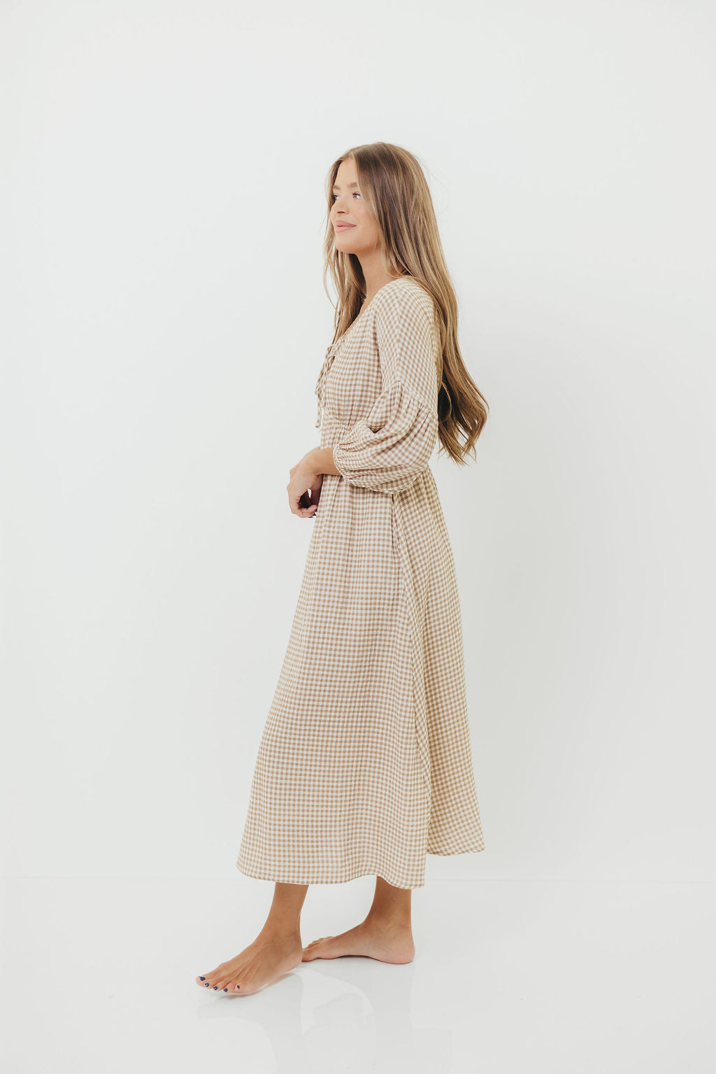 Hunter Printed Gauze Midi Dress in Natural Plaid