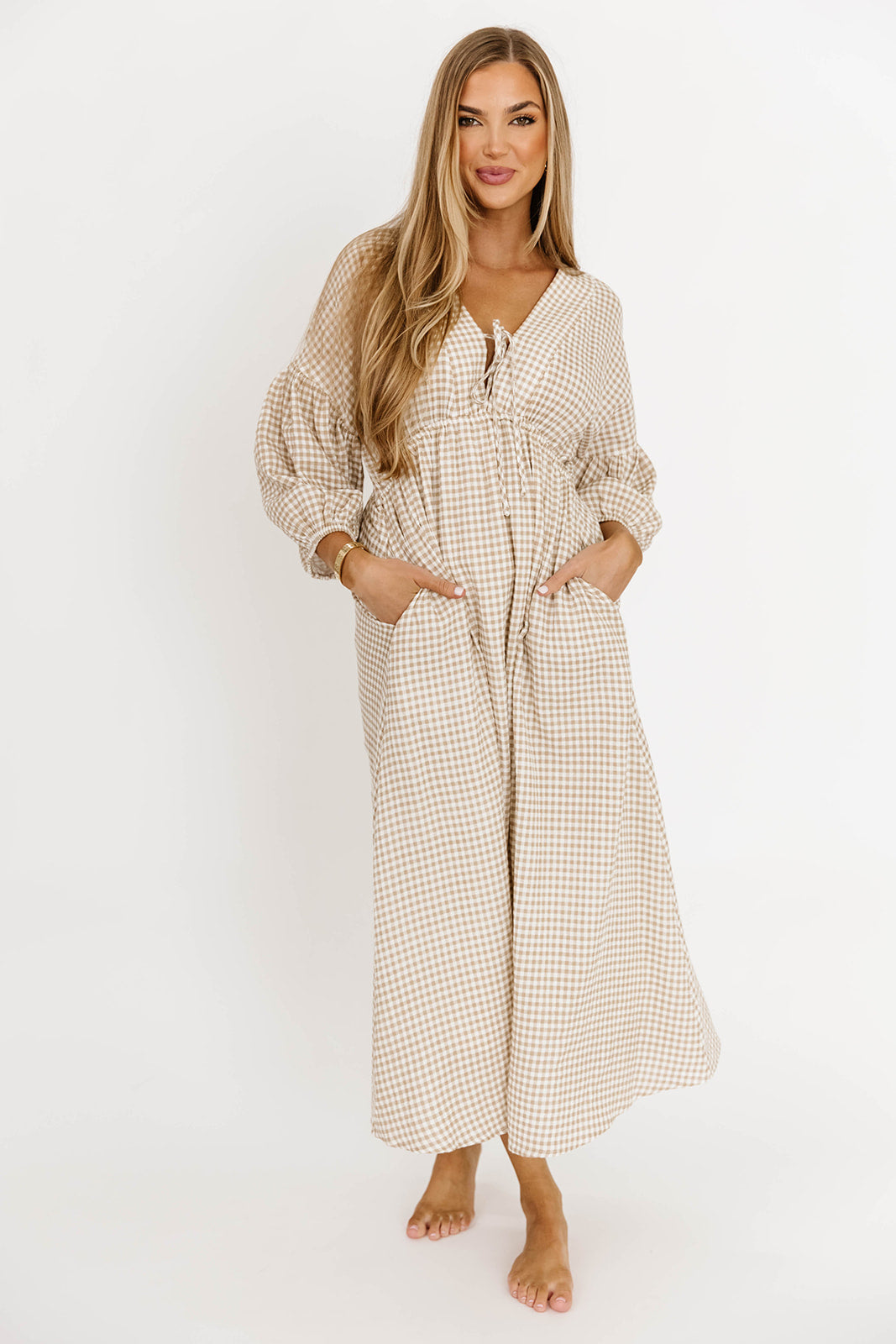 Hunter Printed Gauze Midi Dress in Natural Plaid